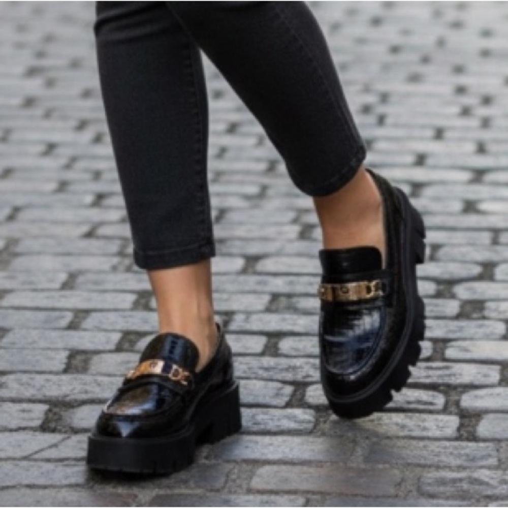 Black Embossed Loafers with Gold Accent ladies 10